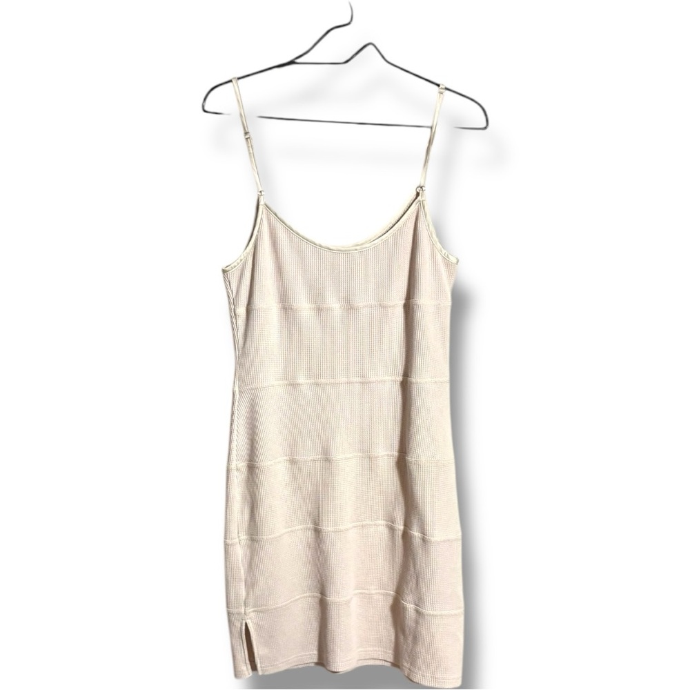 Current Air Cream Waffle Knit Side Slit Thin Strap Sleeveless Mini Dress - Picture 13 of 14